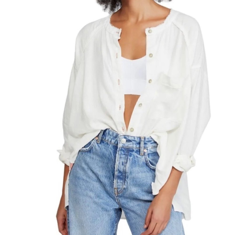 We the Free People Keep it Simple Button Down off White shirt Size S Linen blend